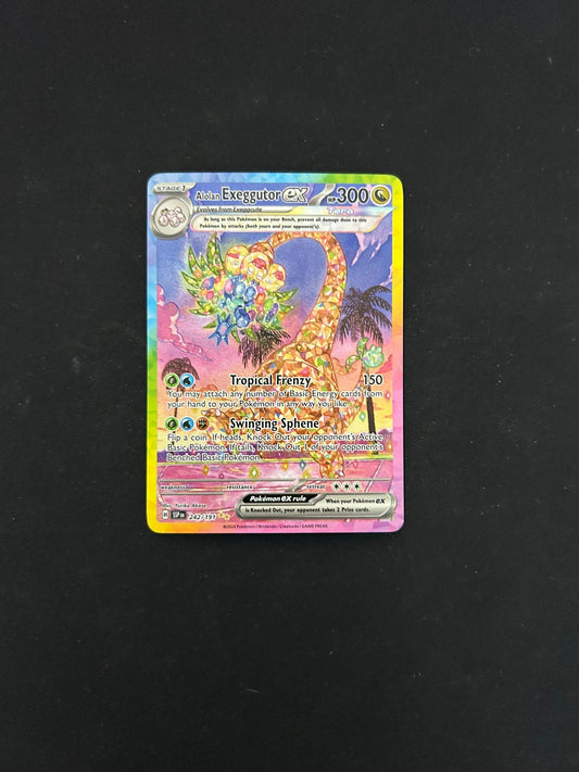 Alolan Exeggutor EX #242 Pokémon TCG card from Scarlet & Violet: Surging Sparks, featuring vibrant Full Art SIR artwork of Alolan Exeggutor with a tropical, exotic design. The card showcases its powerful attacks, energy cost, and set details with a stunning holographic finish.