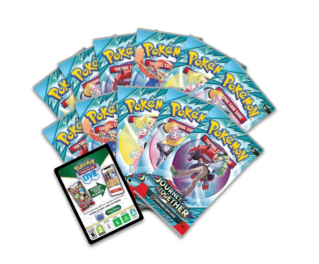 Close-up of 9 Journey Together booster packs included in the Elite Trainer Box, featuring new dynamic Pokémon.