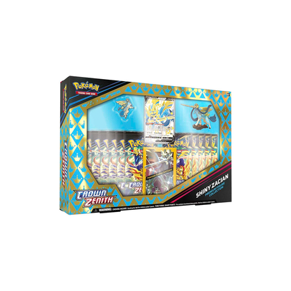 Pokémon TCG Crown Zenith Premium Figure Collection box featuring Shiny Zacian, with foil promo card and booster packs.