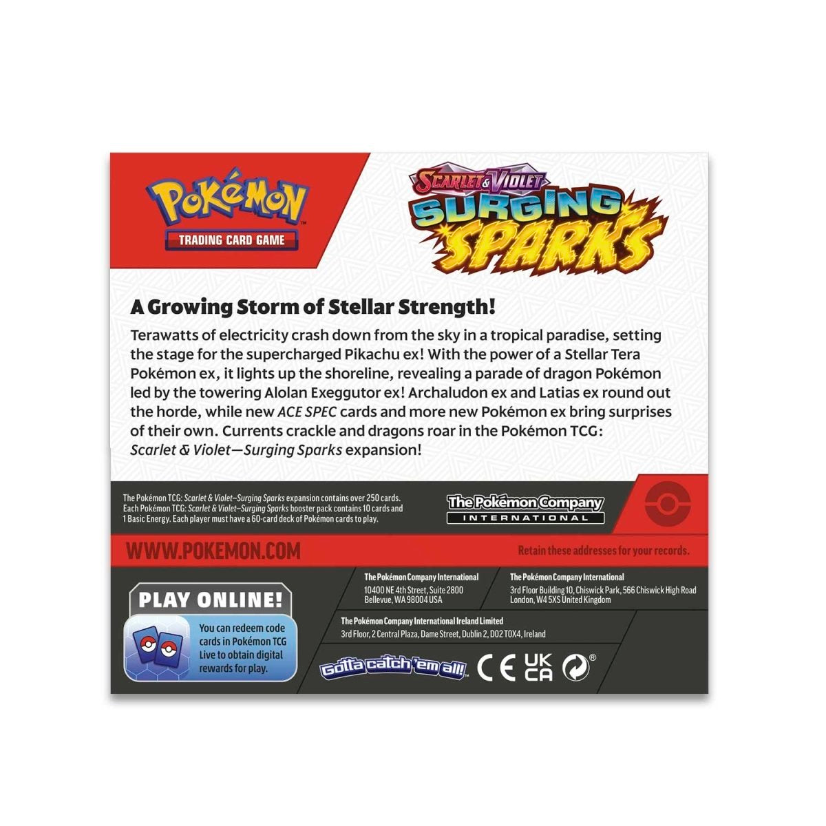 Pokémon TCG Surging Sparks Booster Box back side, featuring set description, details, and colorful themed artwork.
