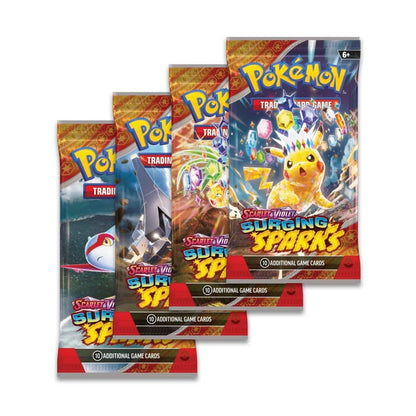 Pokémon TCG Surging Sparks Booster Box opened, displaying neatly arranged sealed booster packs.