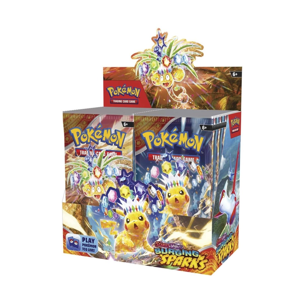 Front image of the Pokémon TCG Surging Sparks Booster Box, displaying dynamic, colorful artwork with electric-themed designs and multiple sealed booster packs visible.