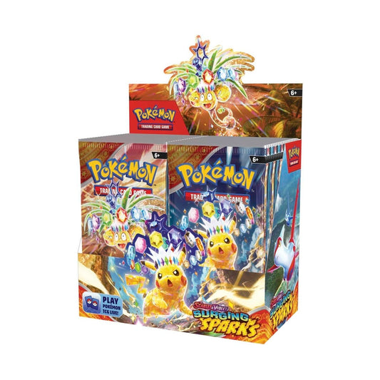 Front image of the Pokémon TCG Surging Sparks Booster Box, displaying dynamic, colorful artwork with electric-themed designs and multiple sealed booster packs visible.