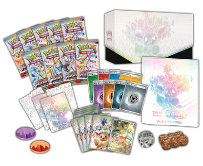 Close-up of 9 Prismatic Evolutions booster packs included in the Elite Trainer Box.