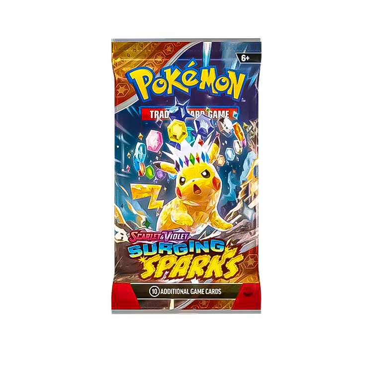 Pokémon TCG Surging Sparks Booster Pack featuring artwork from the Scarlet & Violet expansion.