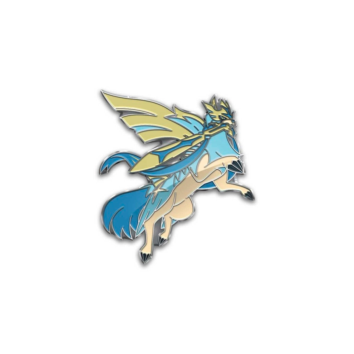 Shiny Zacian insignia from the Pokémon TCG Crown Zenith Premium Figure Collection, a unique emblem for collectors.